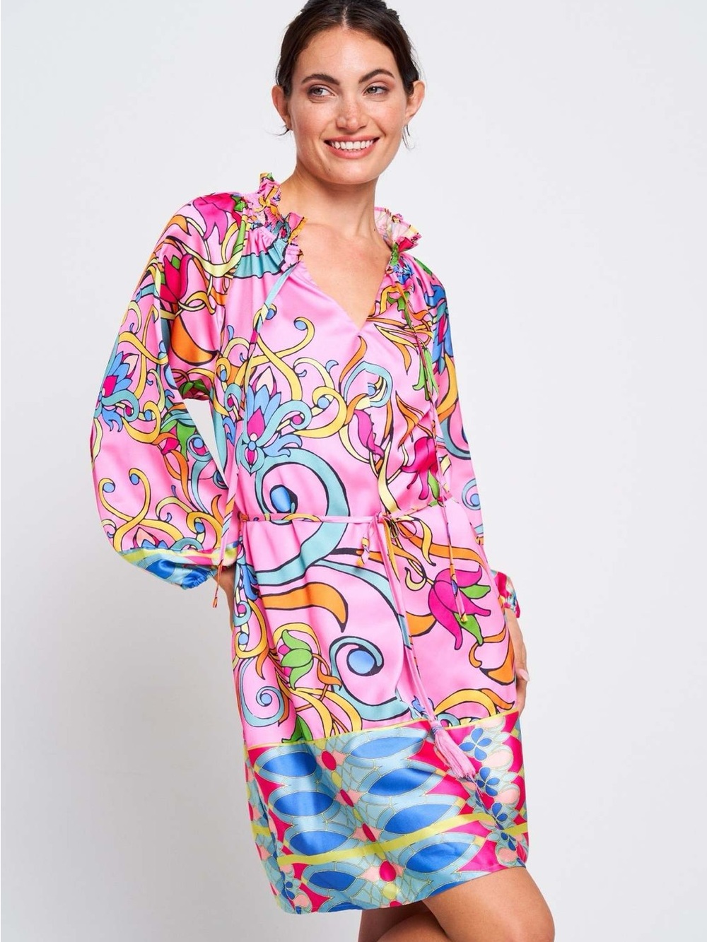 Pink Printed Long-Sleeve Satin Dress with Tie Waist